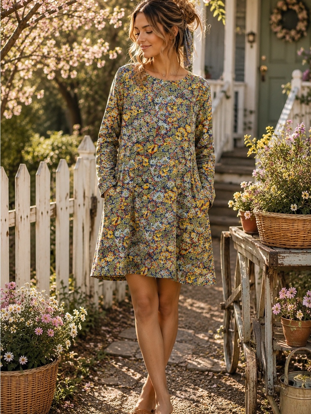 Tweeds Floral Swing Tunic Dress Boho Cottagecore Pockets Long Sleeve M